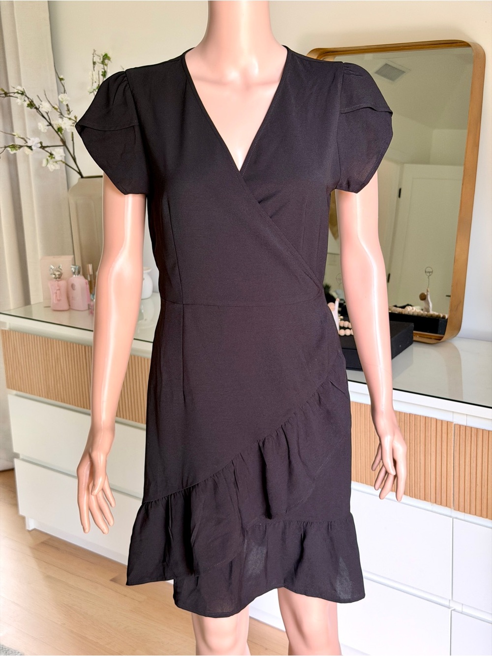 Black V-Neck Ruffle Hem Mini Dress